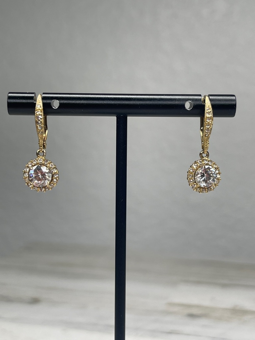 Nadri Framed Round CZ Halo Drop Earrings Gold Leverback - Picture 2 of 8